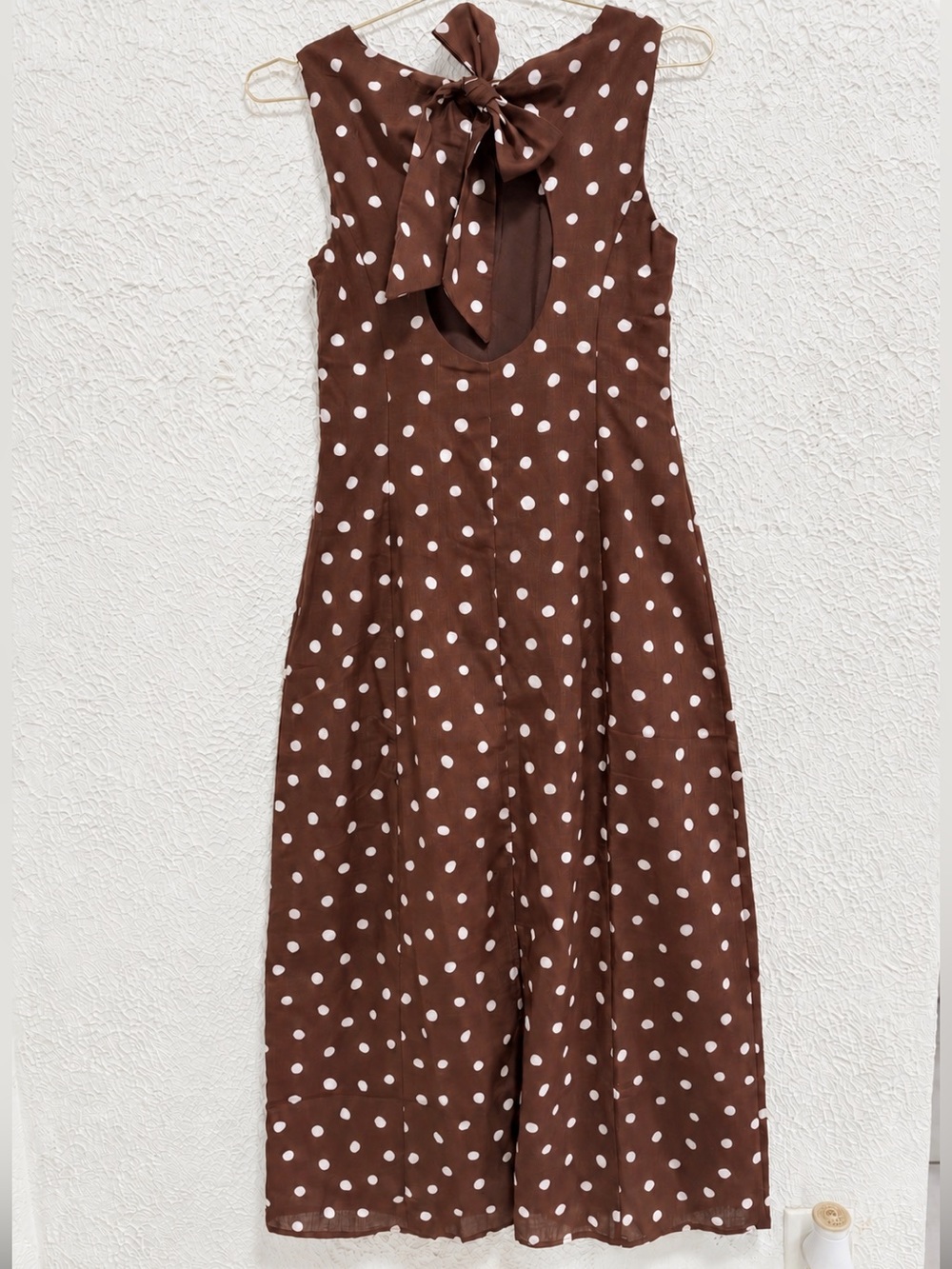MINKPINK Brown Polka Dot Sleeveless Midi Dress Tie Back - Picture 3 of 4